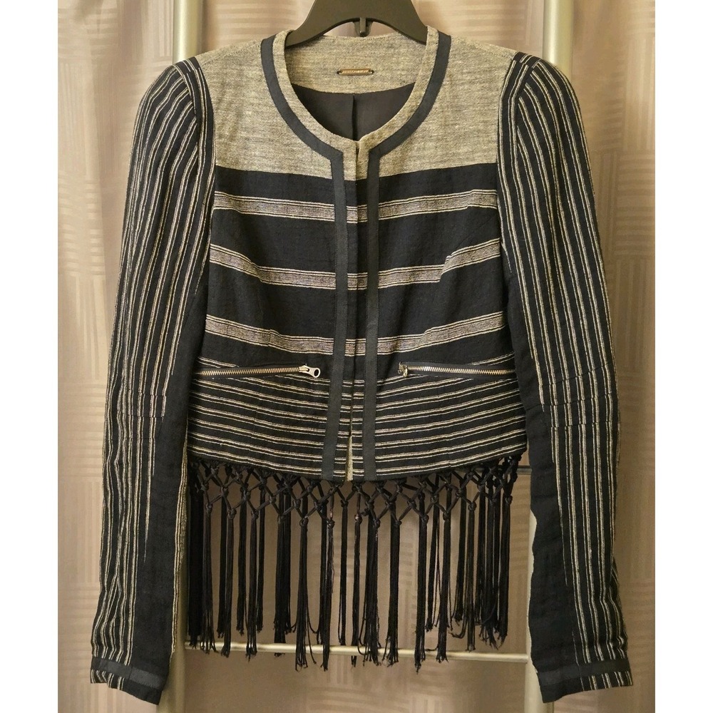 Rebecca Minkoff Women's Striped Fringed Navy Gray Linen Blend Blazer Size 2